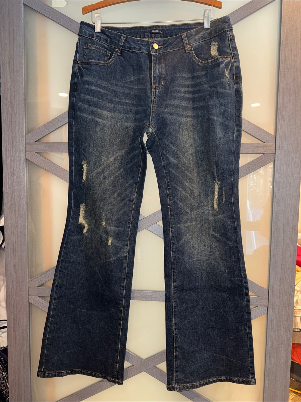 Flamingals Blue Distressed Flare Jeans - Dark Wash